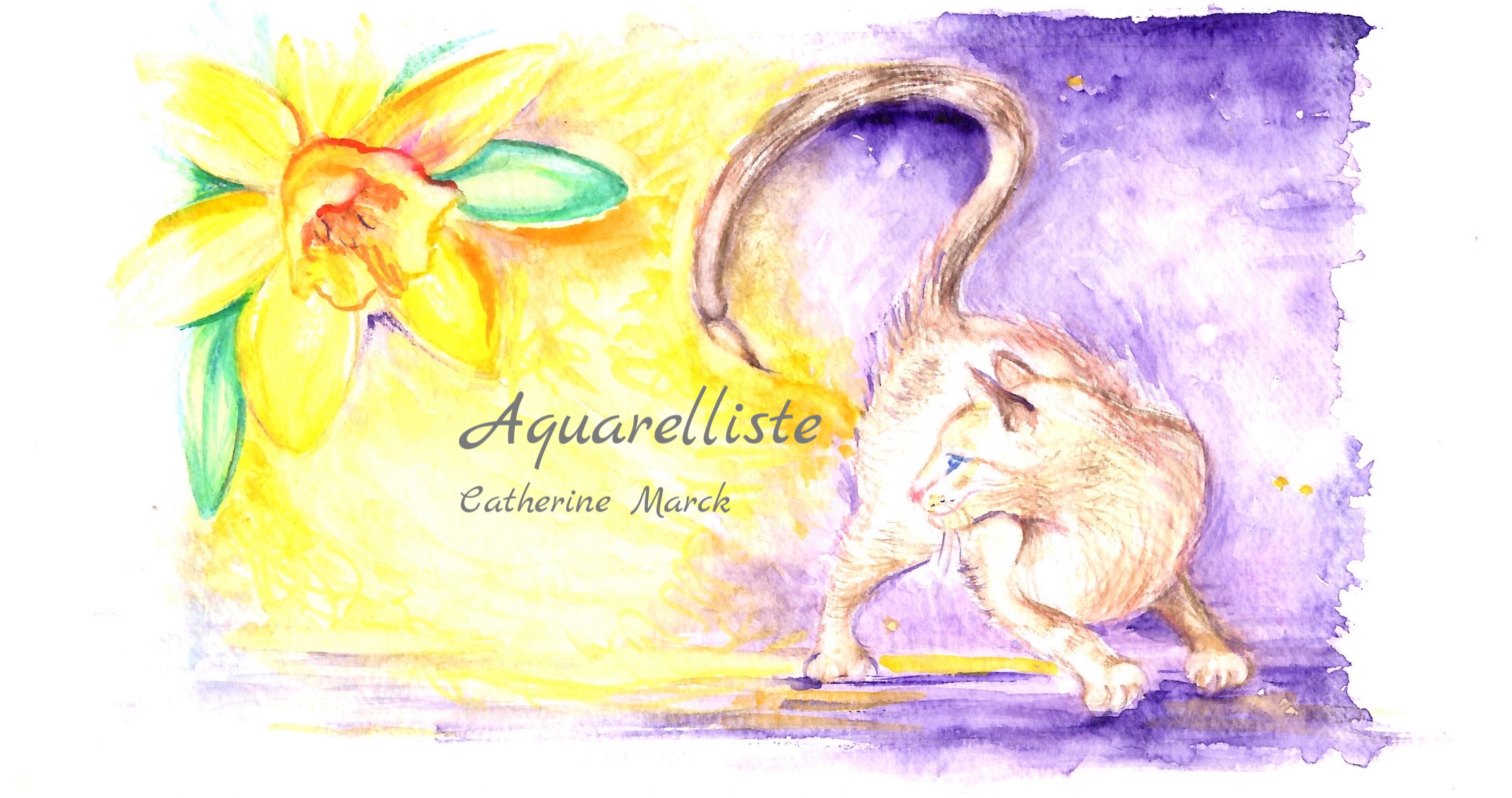 Une peinture à l'aquarelle d'un chat et d'une fleur avec écrit au centre aquarelliste Catherine Marck