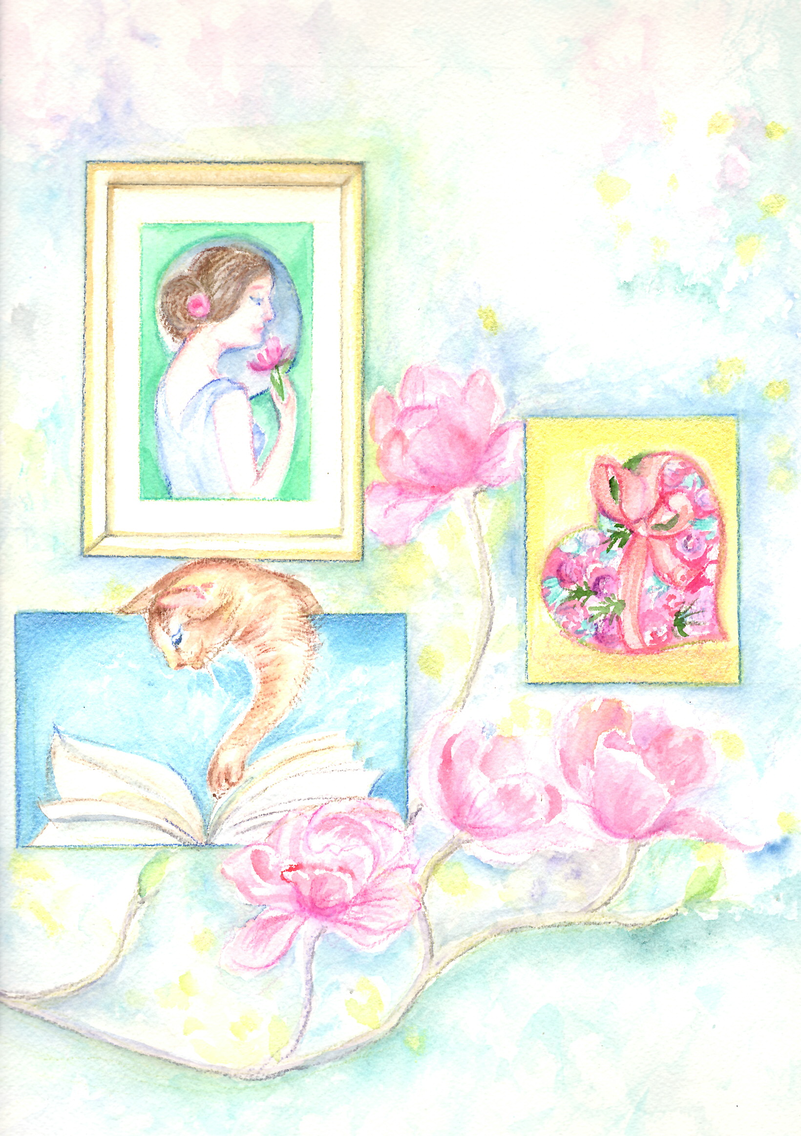 Une peinture à l'aquarelle d'un chat et d'une fleur avec écrit au centre aquarelliste Catherine Marck